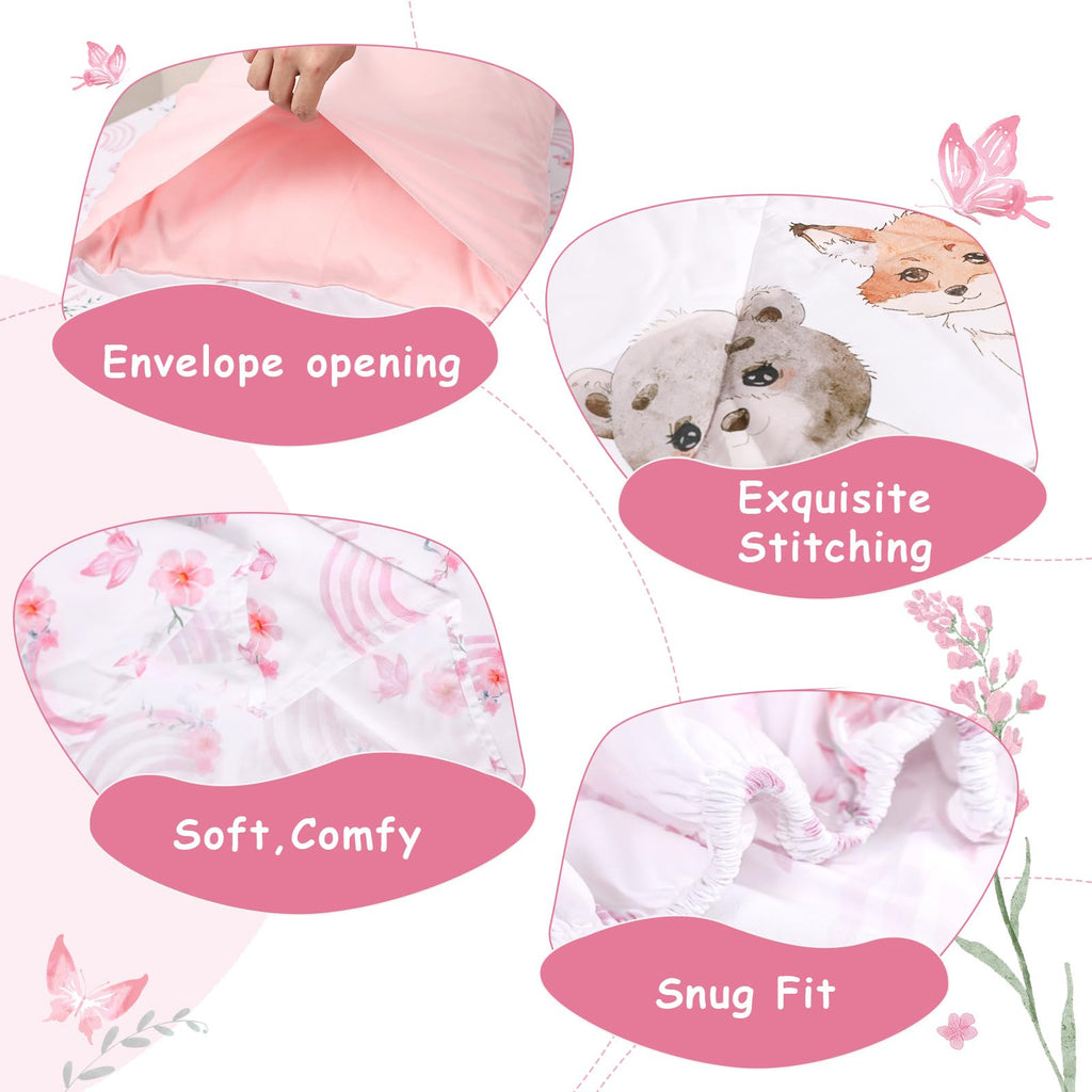 Toddler Bedding Set for Girls - 4 Piece Rainbow Toddler Comforter Set Includes Fitted Sheet, Comforter, Pillowcase &