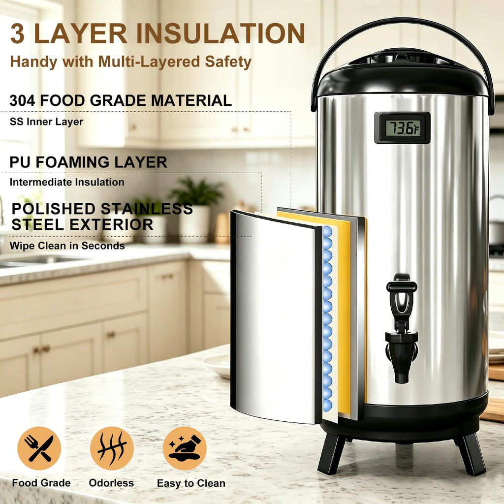 2 Pack Insulated Beverage Dispenser, 3.2 Gallon/12 L Stainless Steel Drink Dispenser with Spigot & Temp Display