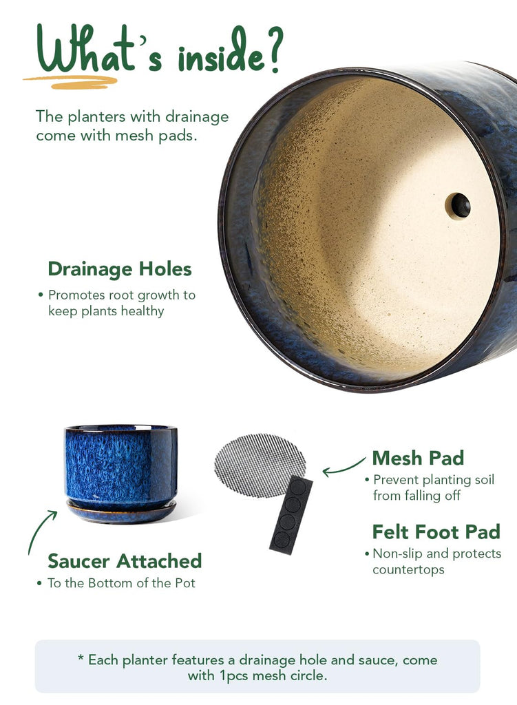 10 + 12 Inch Ceramic Plant Pots, Set of 2, Obsidian Blue