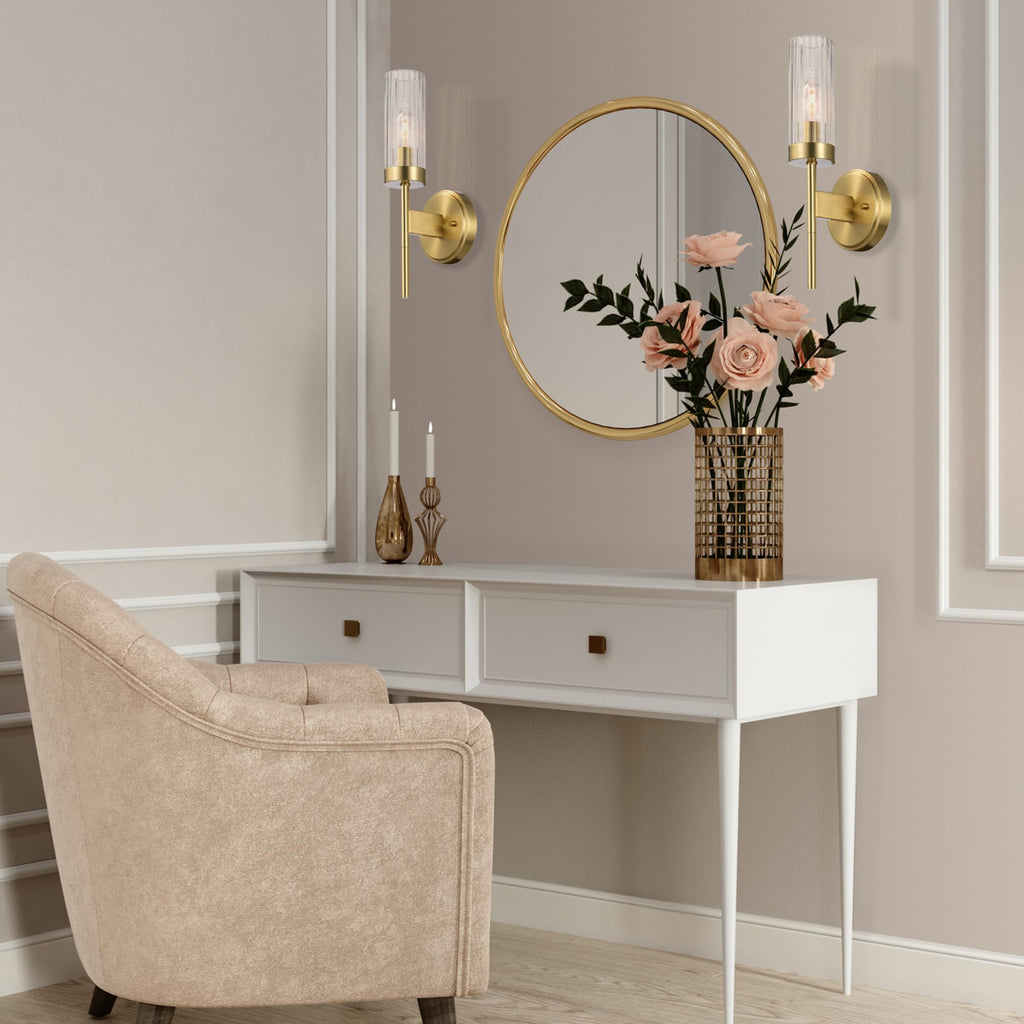 Wall Sconce, Matte Brass, Ribbed Clear Glass Shade, E12 Candelabra, Dimmable, 65000103