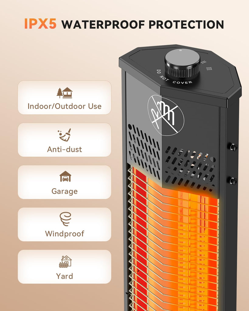 Patio Heater for Outdoor Use, 1500W Infrared, 36 in Portable Tower Heater, 3 Levels, IPX5 Waterproof