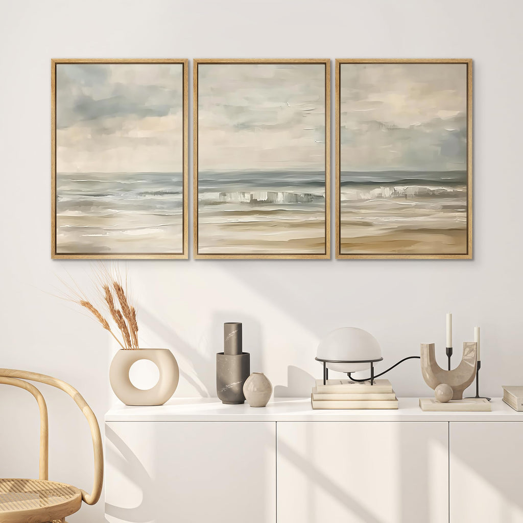 Framed Canvas Print Wall Art Set Coastal Serenity Abstract Seaside Illustrations Modern Art Decorative Rustic