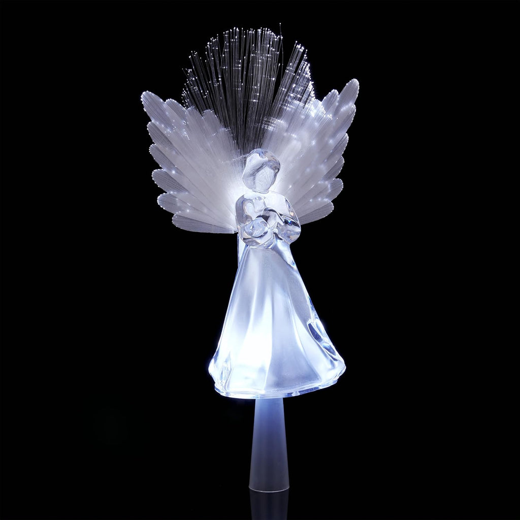 11" Tall Angel Tree Topper with Fiber Optic Wings and LED Light, with Timer Function, Durable Plastic, and Radiant