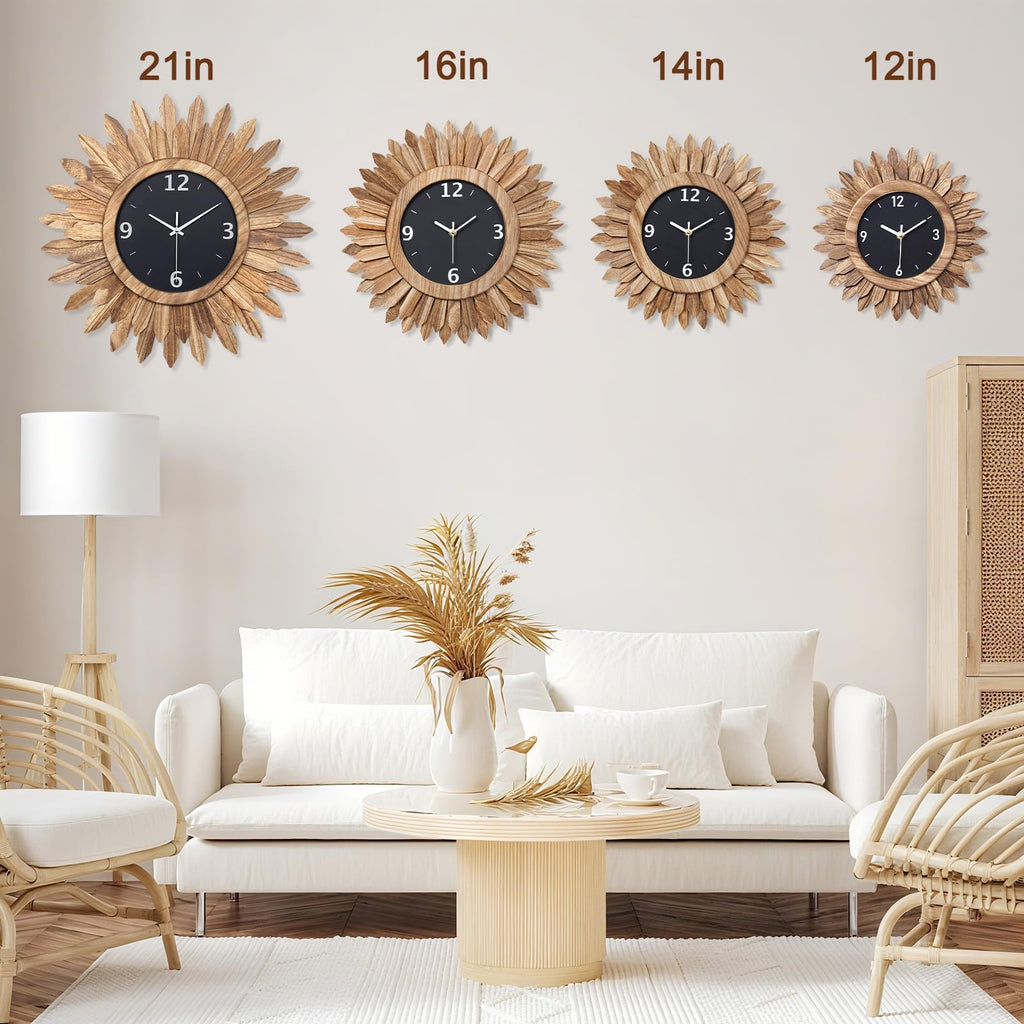 14 Inch Wall Clock, Rustic Wood Boho Sunburst Decorative Wall Clocks Battery Operated Silent Non Ticking Farmhouse