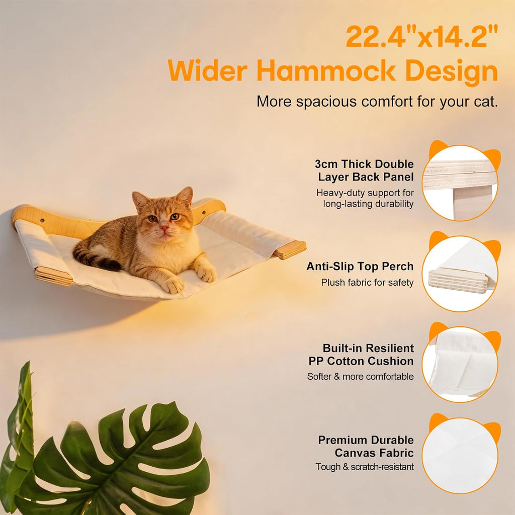 Wall-Mounted Cat Hammock with 2 Wooden Perching Steps-a Suspended Solid Wood wall-Mounted cat Shelf Set Suitable