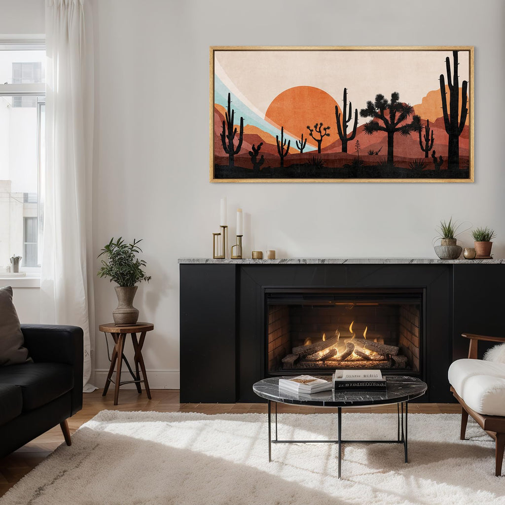 Extra Large Framed Canvas Print Wall Art Desert Sunset with Cacti Nature Wilderness Antique Retro Fine Art