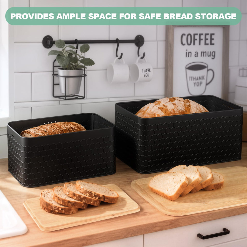 Metal Set of 2 with Bamboo Lid, Modern Bread Storage Containers with Air Vents, Bamboo Cutting Board Lid, Farmhouse