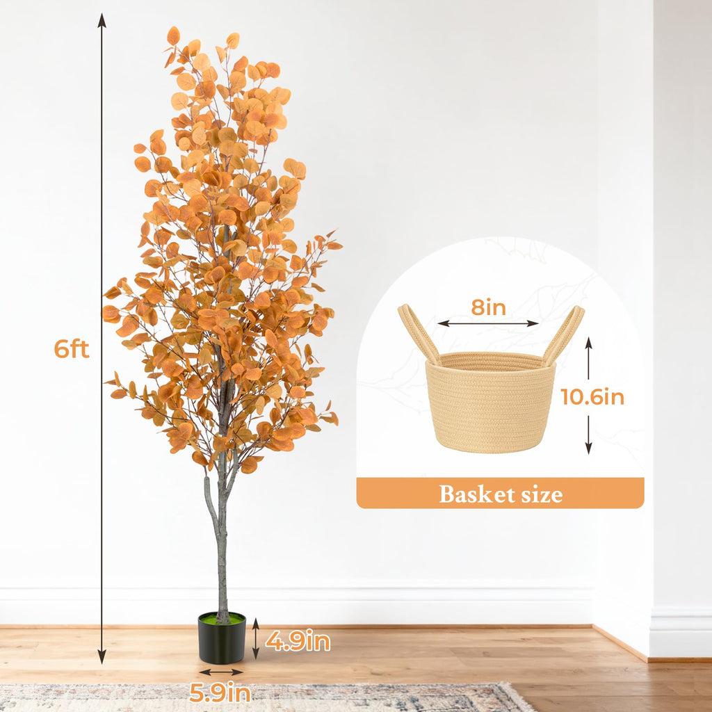 6FT Fall Artificial Eucalyptus Tree with Wicker Basket, Orange Potted Faux Eucalyptus Trees, Autumn Fake Eucalyptus