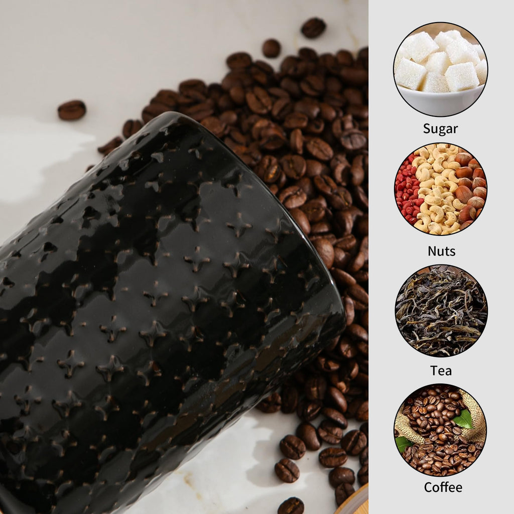 Black Embossed Ceramic Canister 3 Piece with Airtight Bamboo Lid