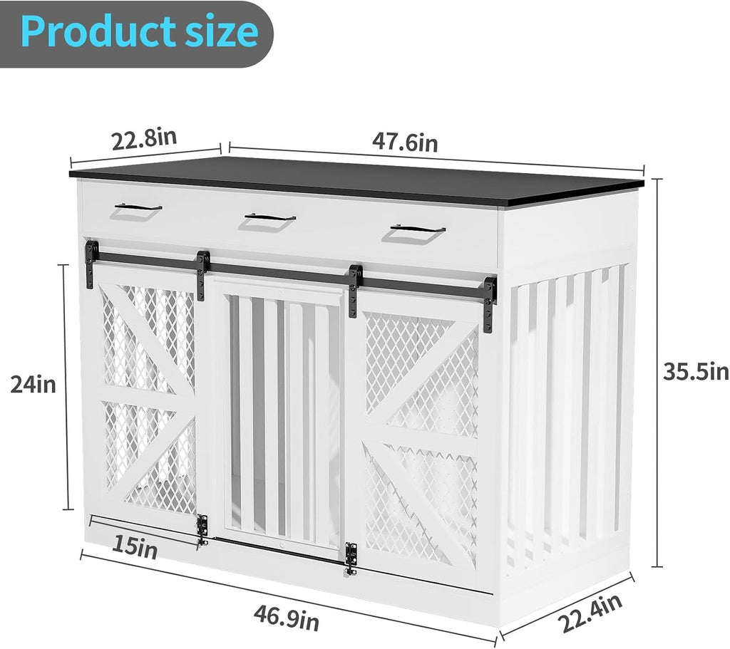 Dog Crate Furniture with Sliding Barn Door & 3 Storage Drawers