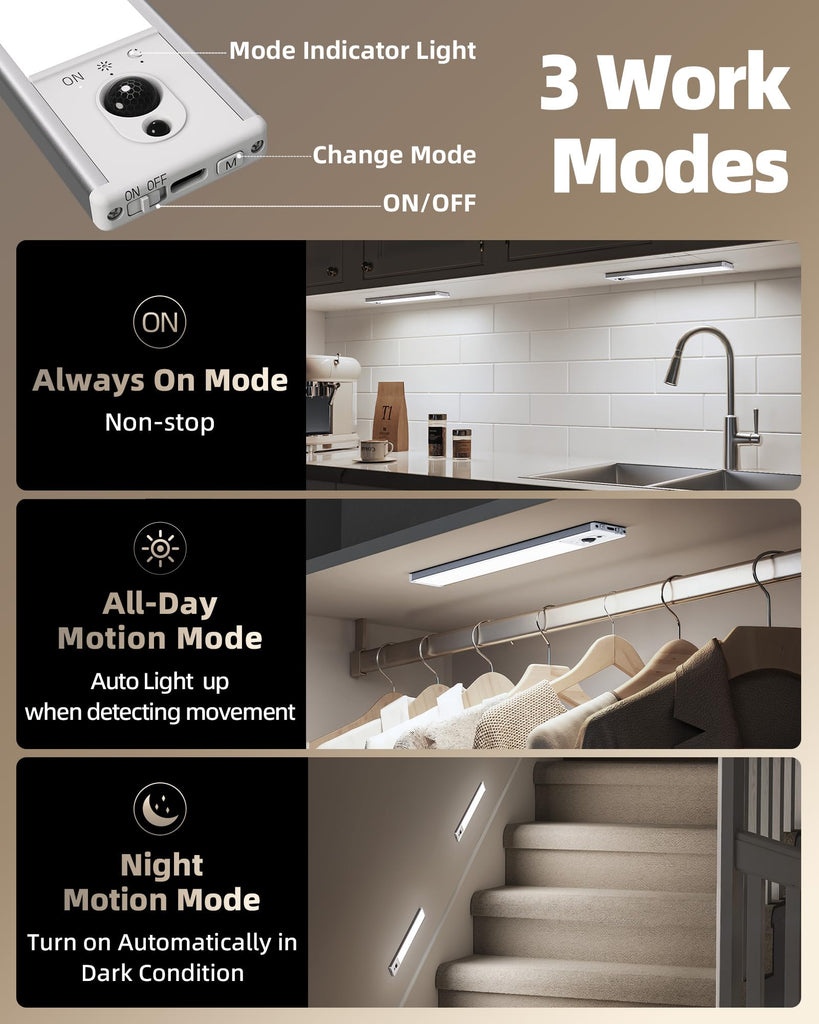 Under Cabinet Lighting, 2400mAh Motion Sensor Light, LED Closet Lights Wireless, 6500K Dimmable, Timer