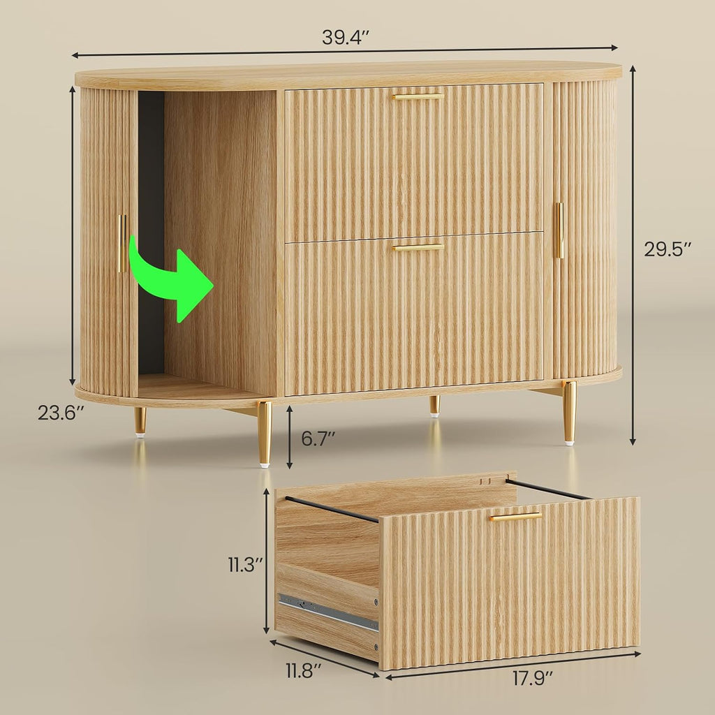 Fluted 2 Drawer File Cabinet with 2 Sliding Door | 39.4" Filing Cabinet ,fit Legal/Letter/A4 Siz,Modern File Cabinet