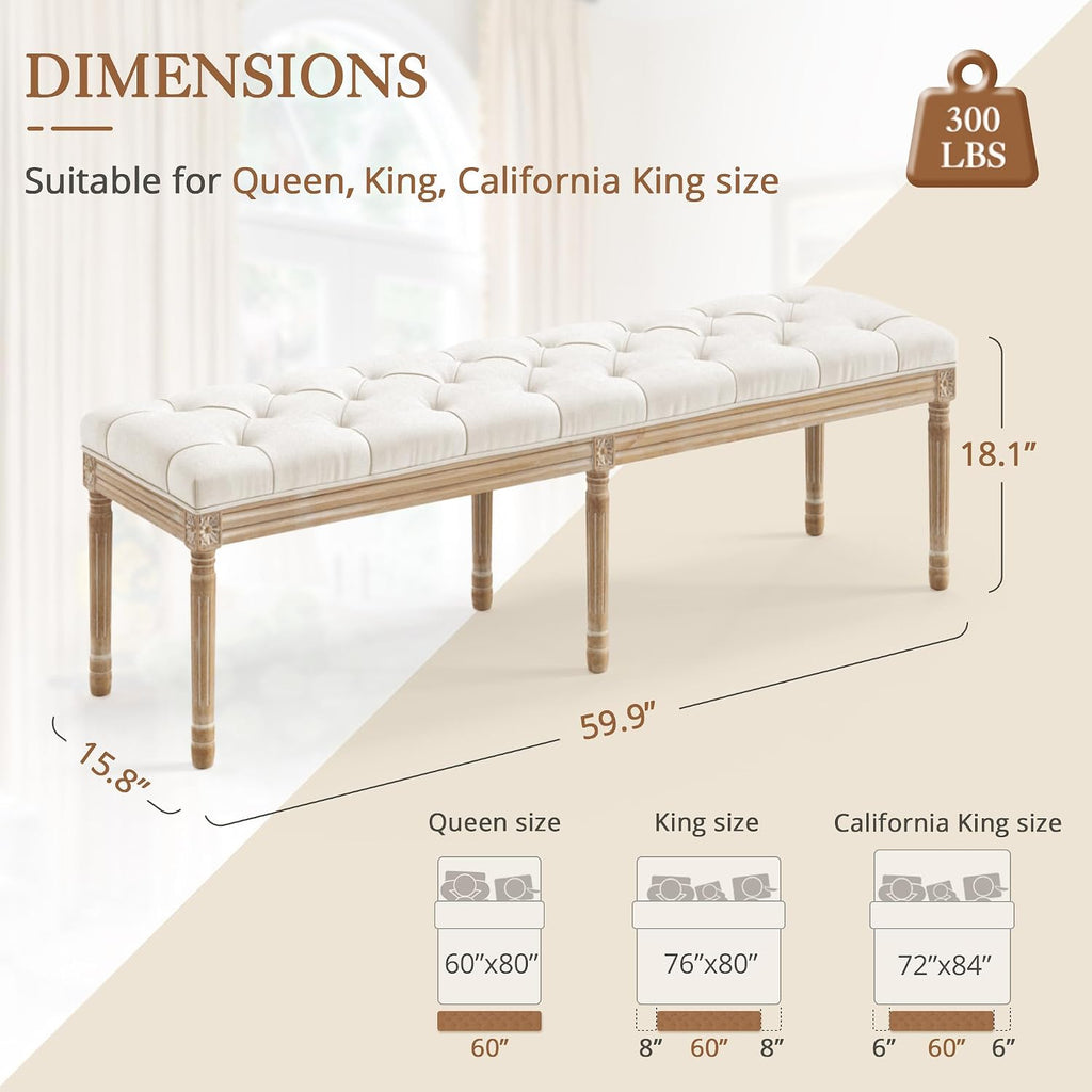 60" Fabric End of Bed Bench, Upholstered Tufted French Bedroom Bench with Carved Legs End of King Size Bed, Living