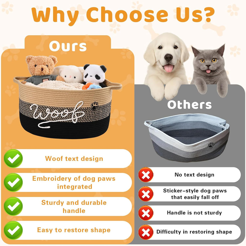 30L Woof Dog Toy Basket with Handles, Large Dog Toy Storage Bin with Paw Print, Woven Dog Basket for Blankets, Toys