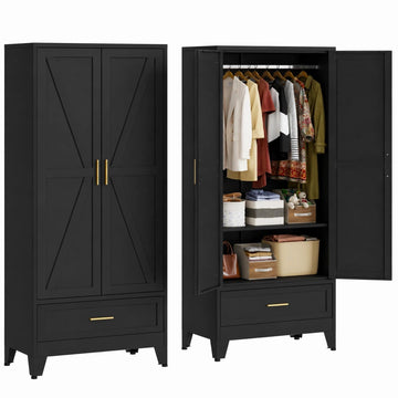 71" H Armoire Wardrobe Closet with 1 Drawer, Metal Wardrobe Closet with Doors and Adjustable Shelves, Wardrobes