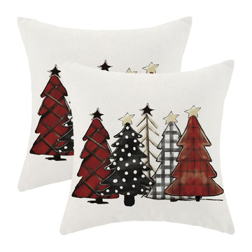 Christmas Pillow Covers 18x18 Inch Set of 2 Red Black Plaid Christmas Trees Throw Pillows Case, Xmas Snow Holiday