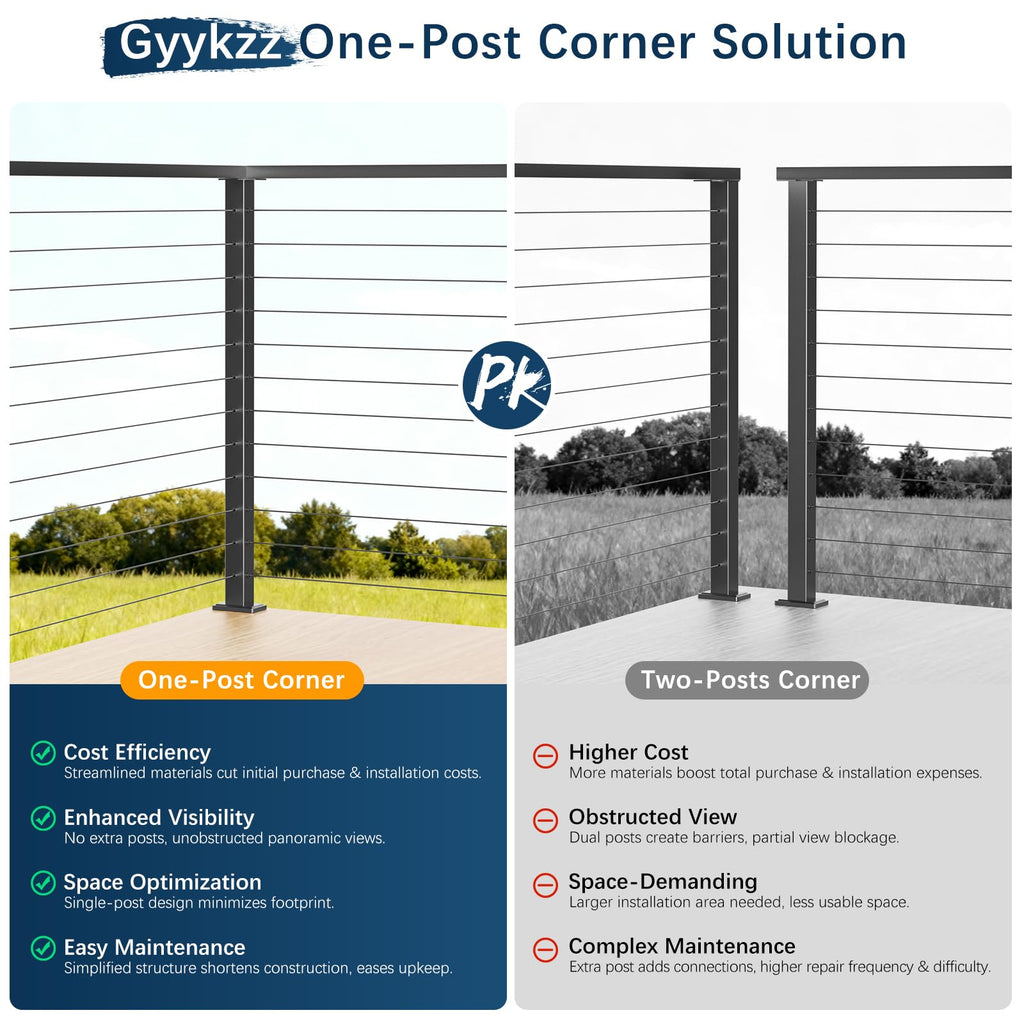 42" Modular Black Cable Railing Corner Post for Deck Railing System