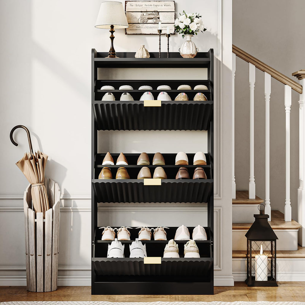 Black Fluted Slim Shoe Cabinet Storage with 3 Flip Drawers