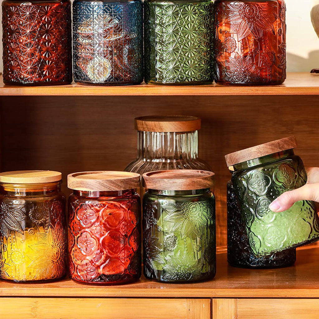 2-Pack Green Vintage Glass Jars, 23.7 oz Sunflower Embossed Food Canisters