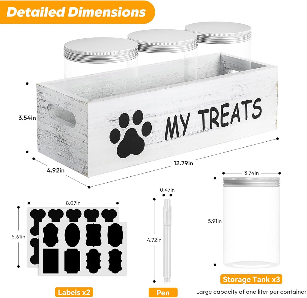 Dog Treat Container for Countertop - Dog Food Storage with 3 Jars - Pet Food Organizer For Puppy - Airtight White