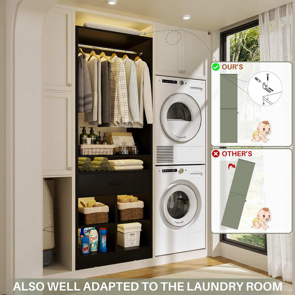 Freestanding Closet System with Wood Drawer and 4 Cubby Storage, Closet Organizer with Hanging Rods & Shelves, 25" W