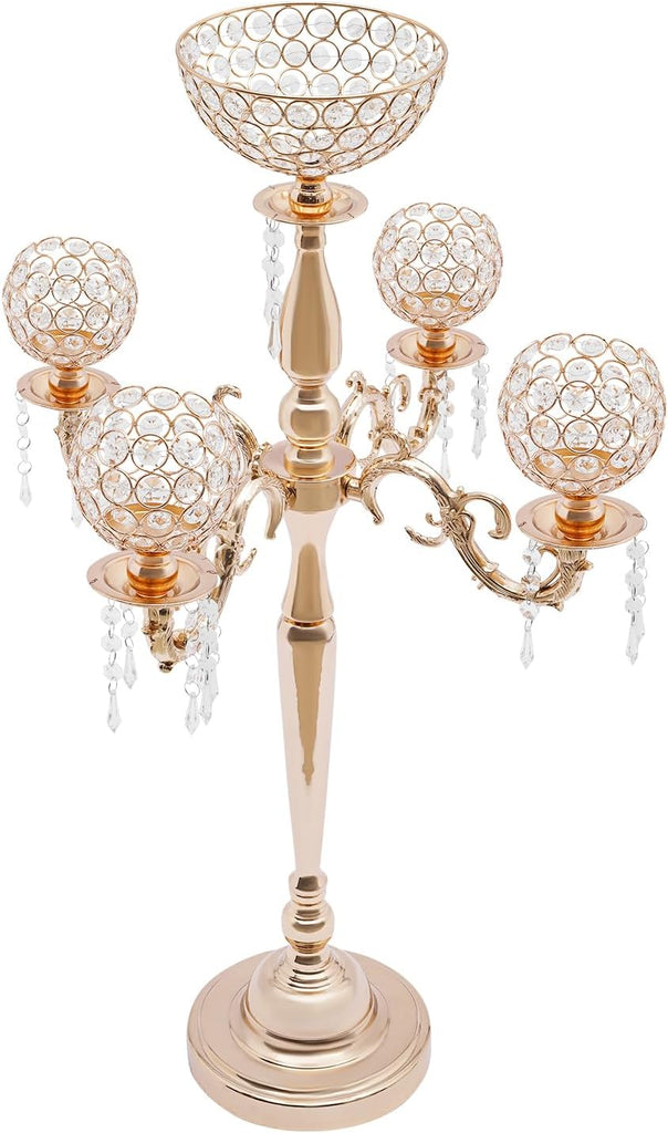 Gold Centerpieces for Table, 5 Arm Crystal Candelabra Holder with Pendant, 4 Candle Slots & 1 Flower Vase, Table