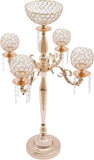 Gold Centerpieces for Table, 5 Arm Crystal Candelabra Holder with Pendant, 4 Candle Slots & 1 Flower Vase, Table