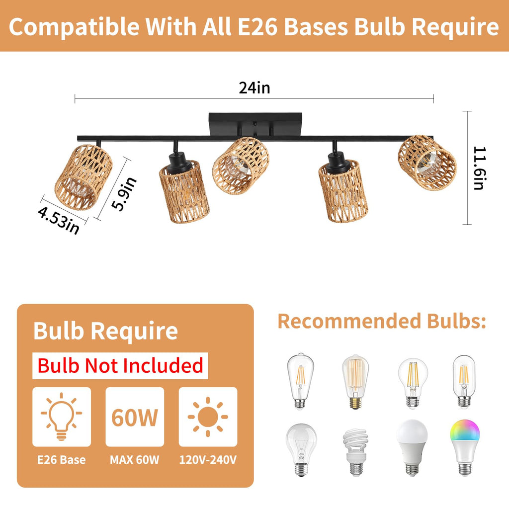 Track Lighting Fixtures Ceiling E26 Rattan Farmhouse Boho Ceiling Track Lighting Directional Rotatable Modern