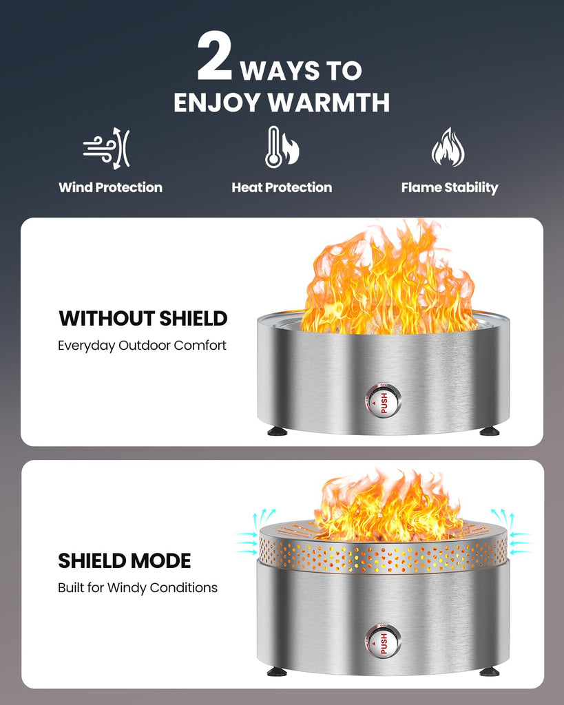 19" Outdoor Propane Fire Pit with Wind Shield, Stainless Steel