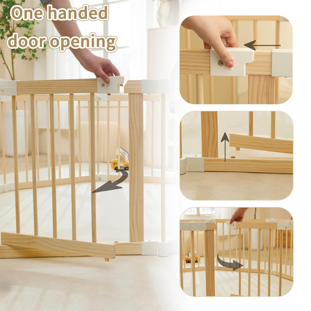Baby Playpen, Foldable Wooden Play Yard with Gate and Child Proof Lock