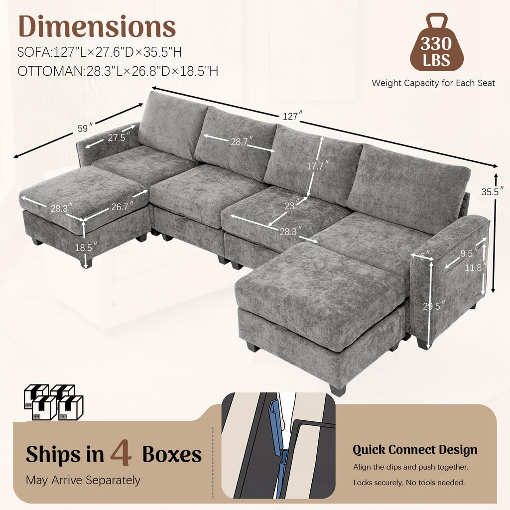 Redlife 127" U-Shaped 6-Seater Modular Sectional Sofa with 2 Ottomans