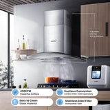 30 Inch Stainless Steel Wall Mount Range Hood 450 CFM 3 Speed LED Lights, Baffle Filters, Convertible Ducted/Ductless Glass Canopy