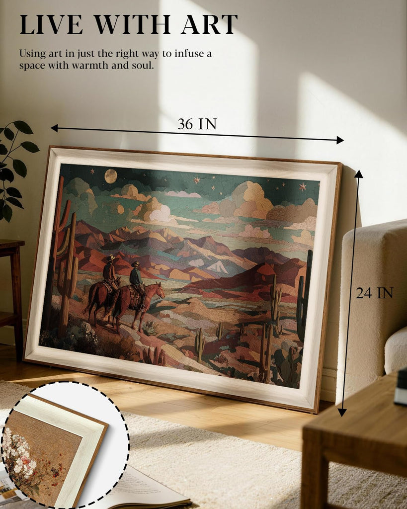 Classic Framed Canvas Wall Art, 24x36 Inch Large Cowboy Painting Treasure Hunter Artwork Decor, Western Vintage Sky