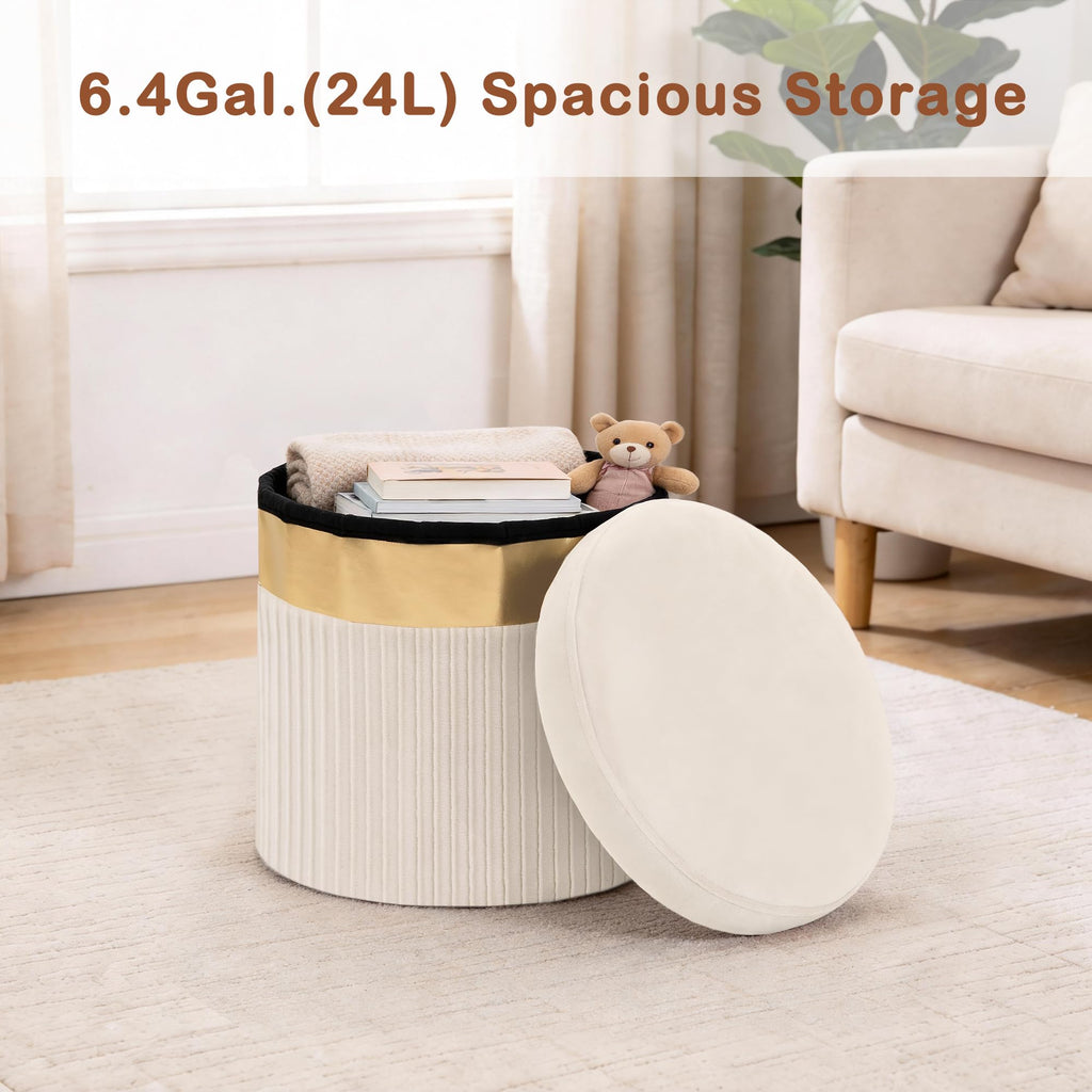 Small Ottoman with Storage, Folding Round Ottoman with Gold Trim, Velvet Storage Stool, Foot Stool with Soft Padded, Foot