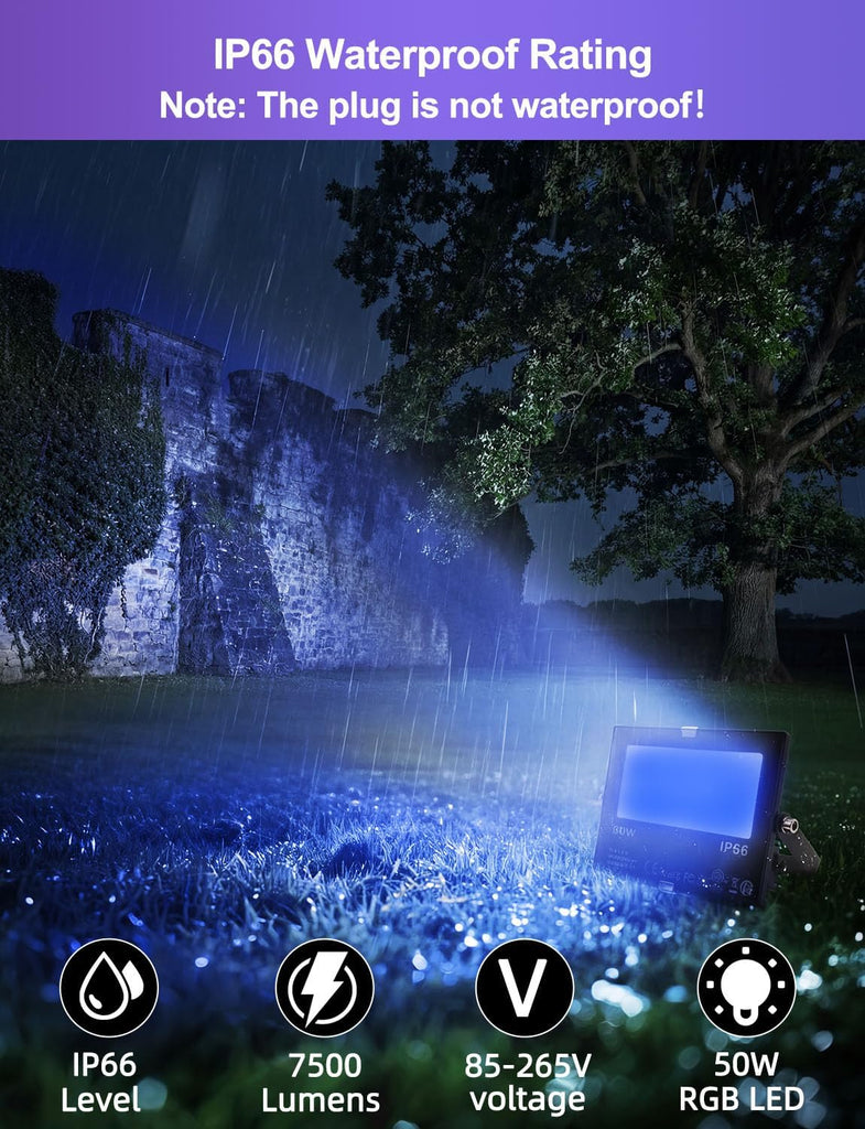 RGB Led Flood Light 50W, Outdoor Color Changing DIY Customized Strobe Mode, Stage Landscape Lighting,Floodlights 12