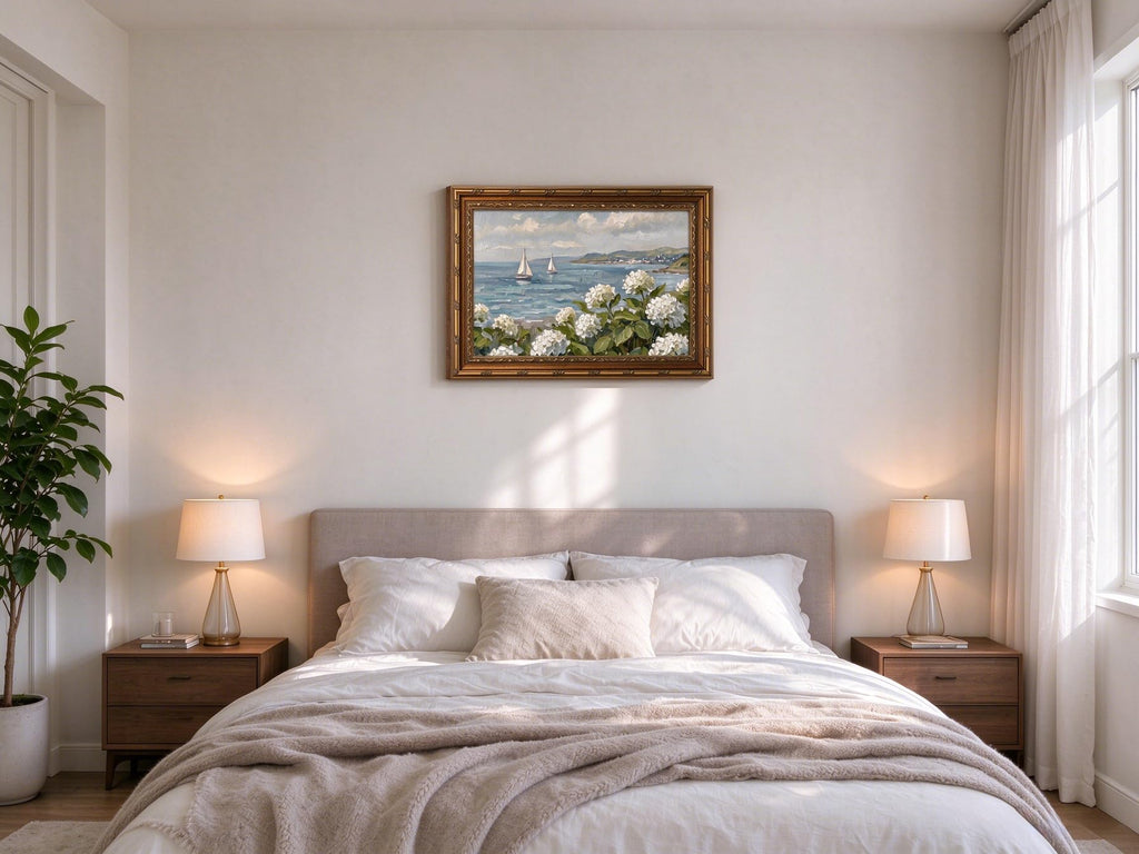 3D Vintage Coastal Wall Art Hydrangea Sailboat Ocean Landscape Oil Painting Textured Seascape Artwork Vintage Gold