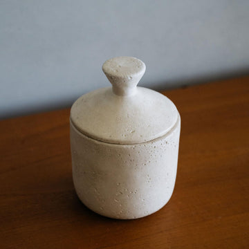 Travertine Stone Inspired Decorative Storage Jar with Lid, Beige Textured Wabi Sabi Storage Container, Vintage Mid