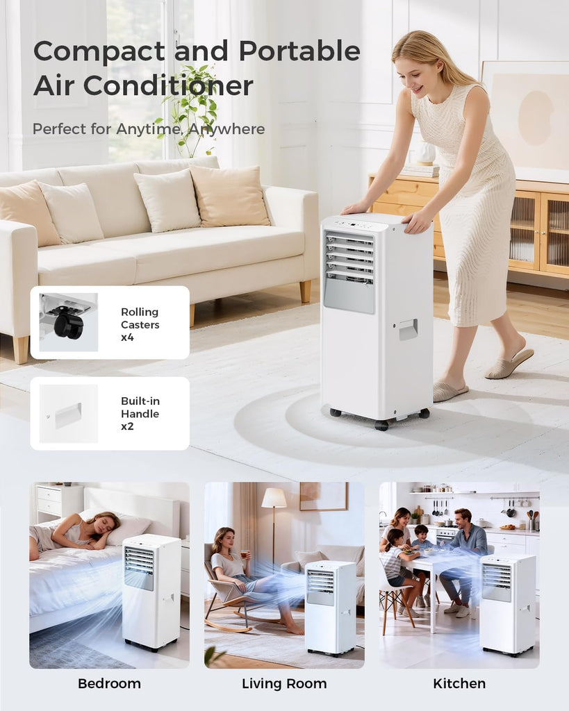 8000 BTU Portable Air Conditioner, 5-in-1 Cools 350 Sq.Ft, Quiet AC Unit with Fan & Dehumidifier, LED Display, Remote