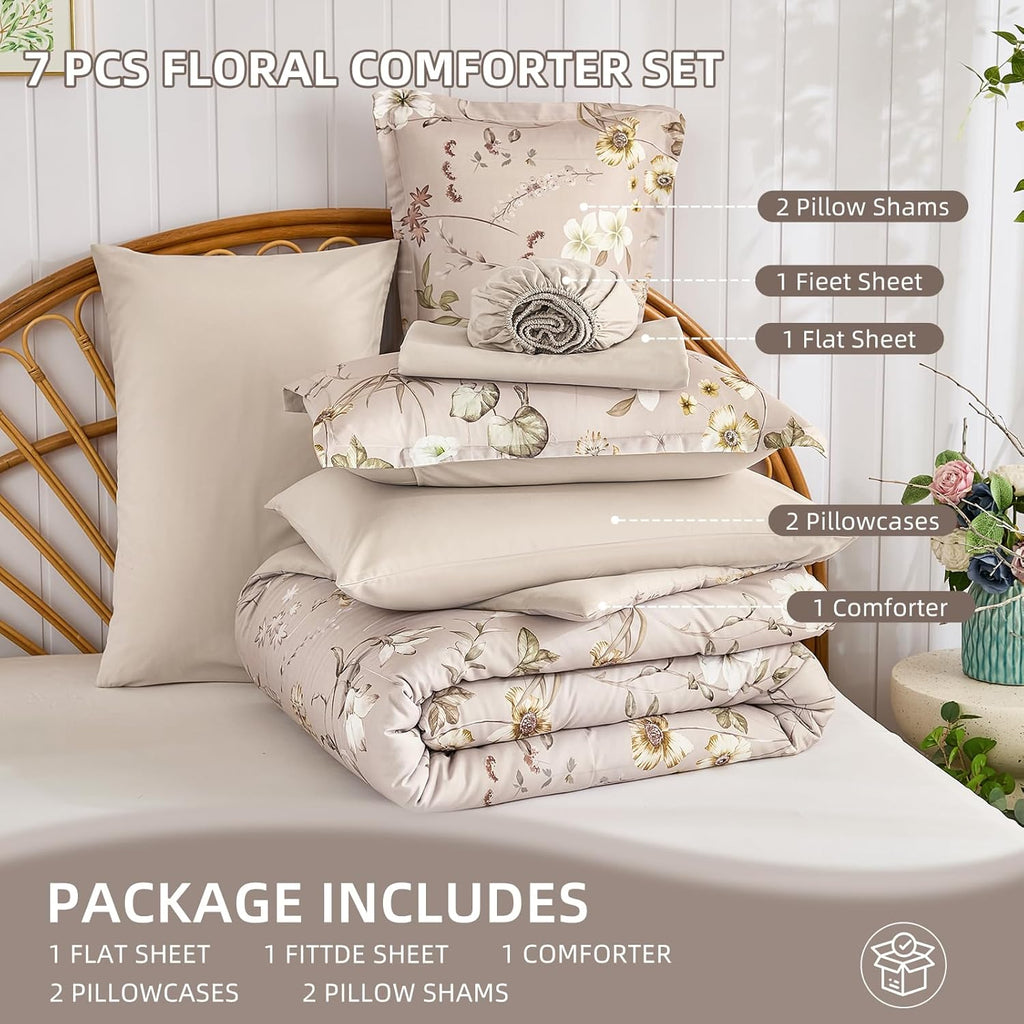 DJY Queen Comforter Set,Taupe Botanical Floral Bedding Comforter Sets Queen for All Seasons,7 Pieces Queen Bed in a
