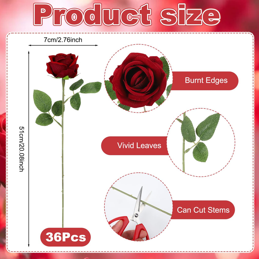 36 Pcs Velvet Texture Burgundy Artificial Flowers Bridal Bouquet