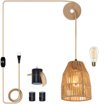 Plug in Pendant Light, Hanging Lights with 15ft Golden Cotton Cord & Stepless Dimming Switch, Handwoven Hemp Rope