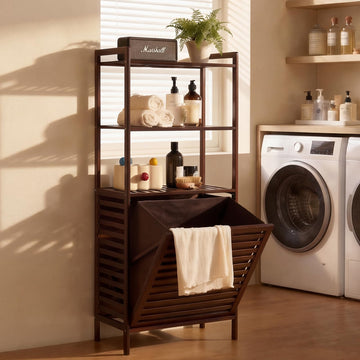 Tilt Out Laundry Hamper with 3 Tier - Bamboo Laundry Basket, Brown