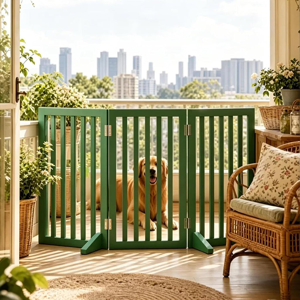 Wooden Dog Gate with Stands, Adjustable Green Doorways Pets Safety Fence