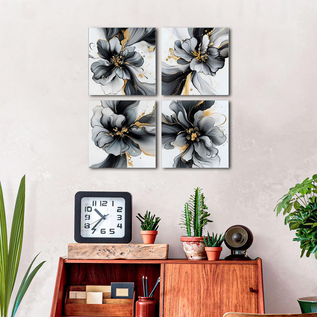 Black and White Abstract Wall Art Framed Marble Flowers Pictures Bathroom Wall Decor Gold Foil Fluid Lines Posters