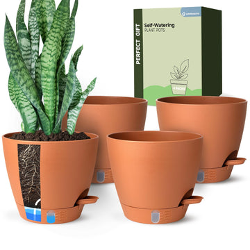 8 Inch Self Watering Pots for Indoor Plants, Plastic Planters with Deep Reservoir & Drainage Holes, Flower Pots for