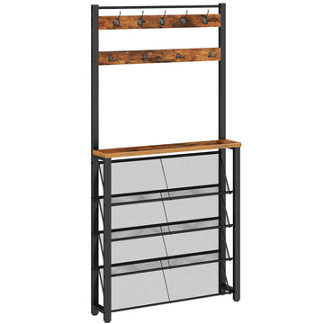 Hall Tree with Bench, Narrow Shoe Rack with Coat Rack, Coat Rack with Shoe Storage, 5 Tier Slanted Shoe Storage