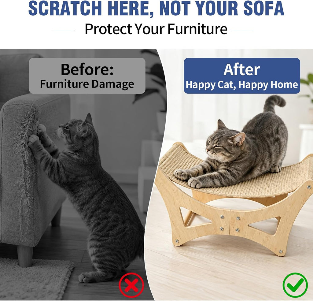 Cat Hammock Bed for Large Cats, Elevated Wooden Bed with Natural Sisal Scratching Mat, Cozy Lounge with Soft Cushion