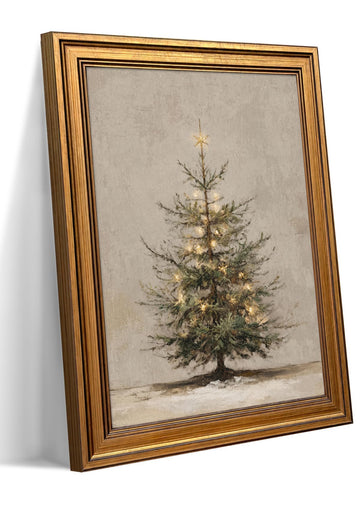 Gold Framed Christmas Wall Art, Christmas Tree Wall Decor, Lighted Evergreen Pine Canvas Print, Vintage Neutral