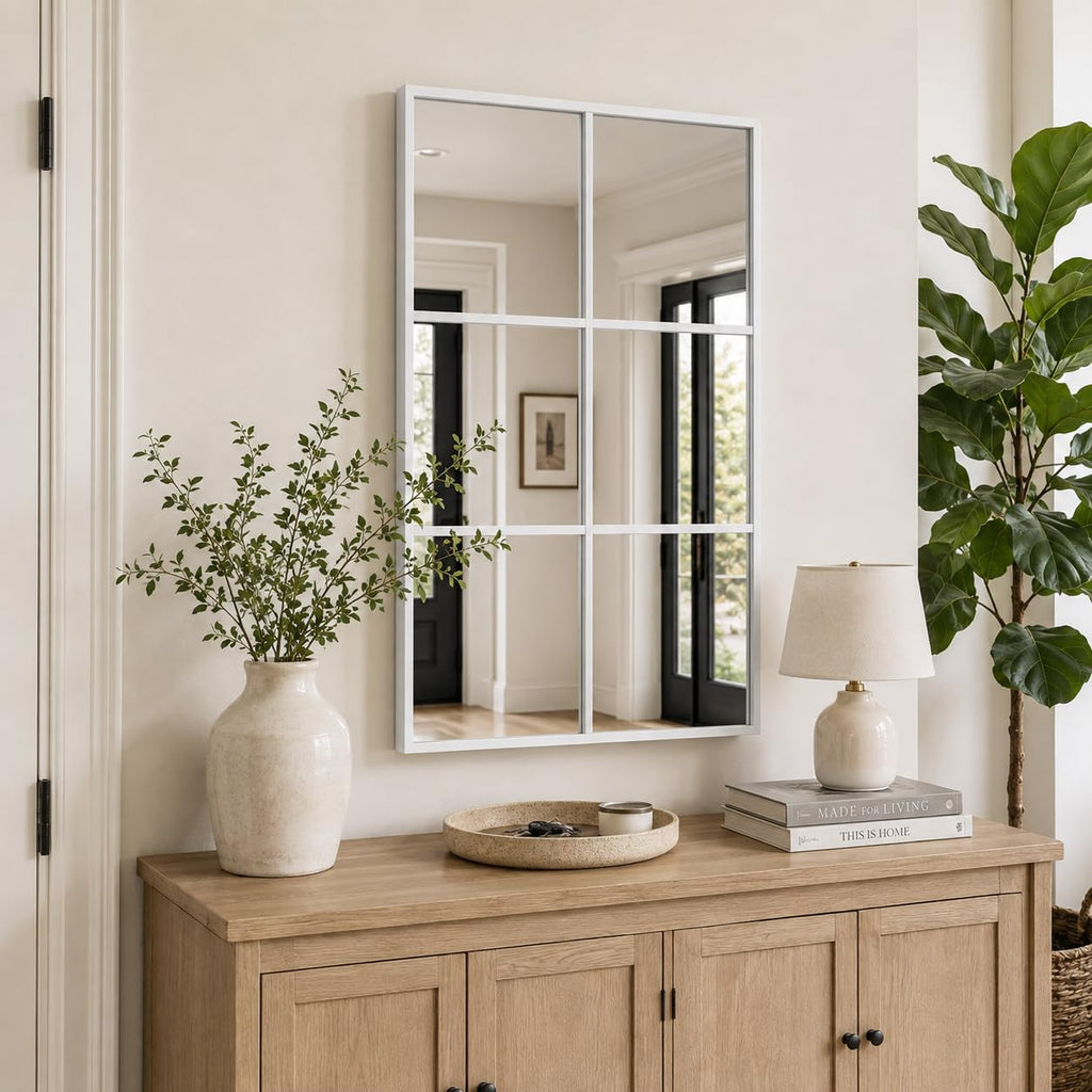 Wall Mounted Mirror, 42"x24" Rectangular Window Pane Mirror (White)