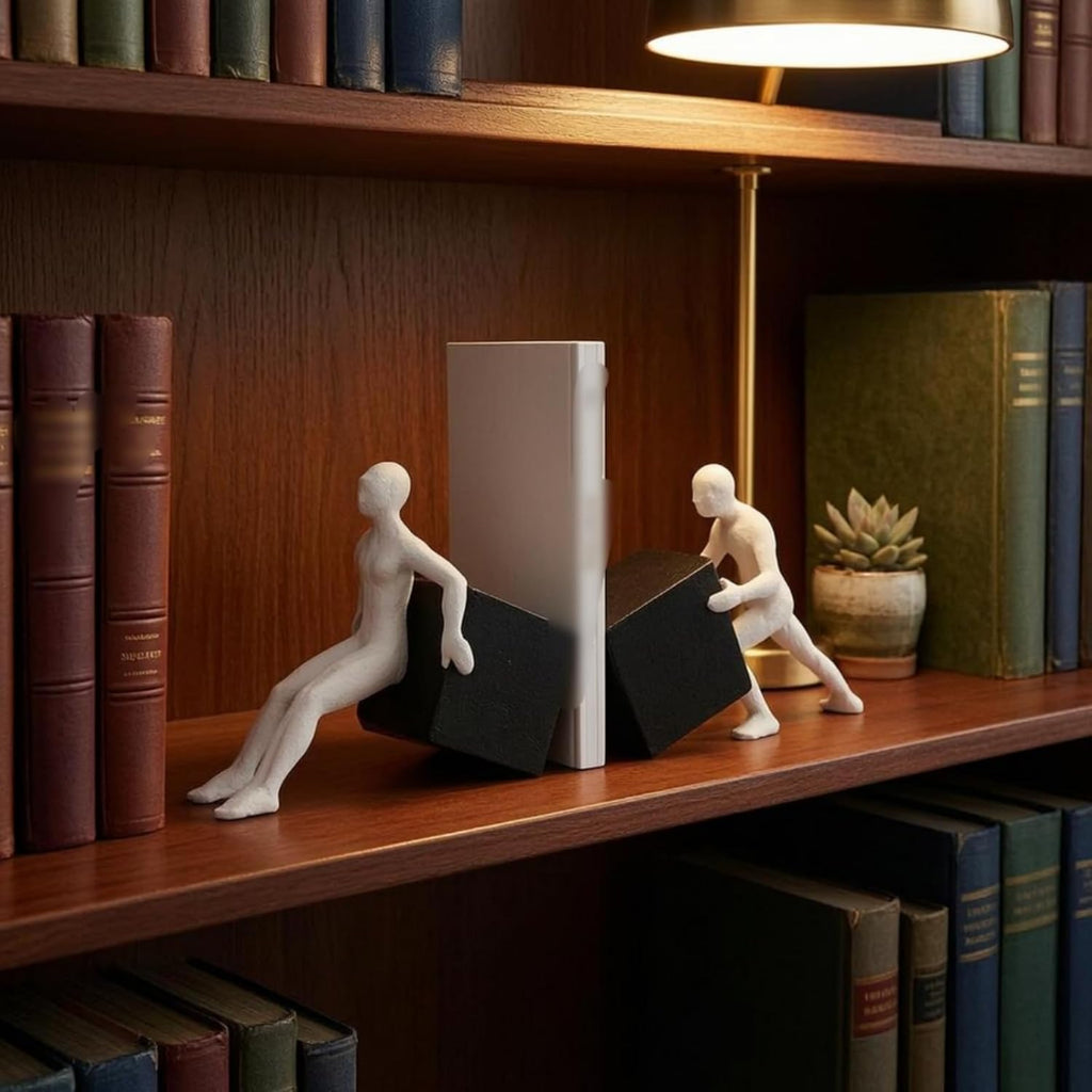 Abstract Figure Bookend Modern Sculptural Resin White Textured Finish Highlighting Carved Shape for Bookcases